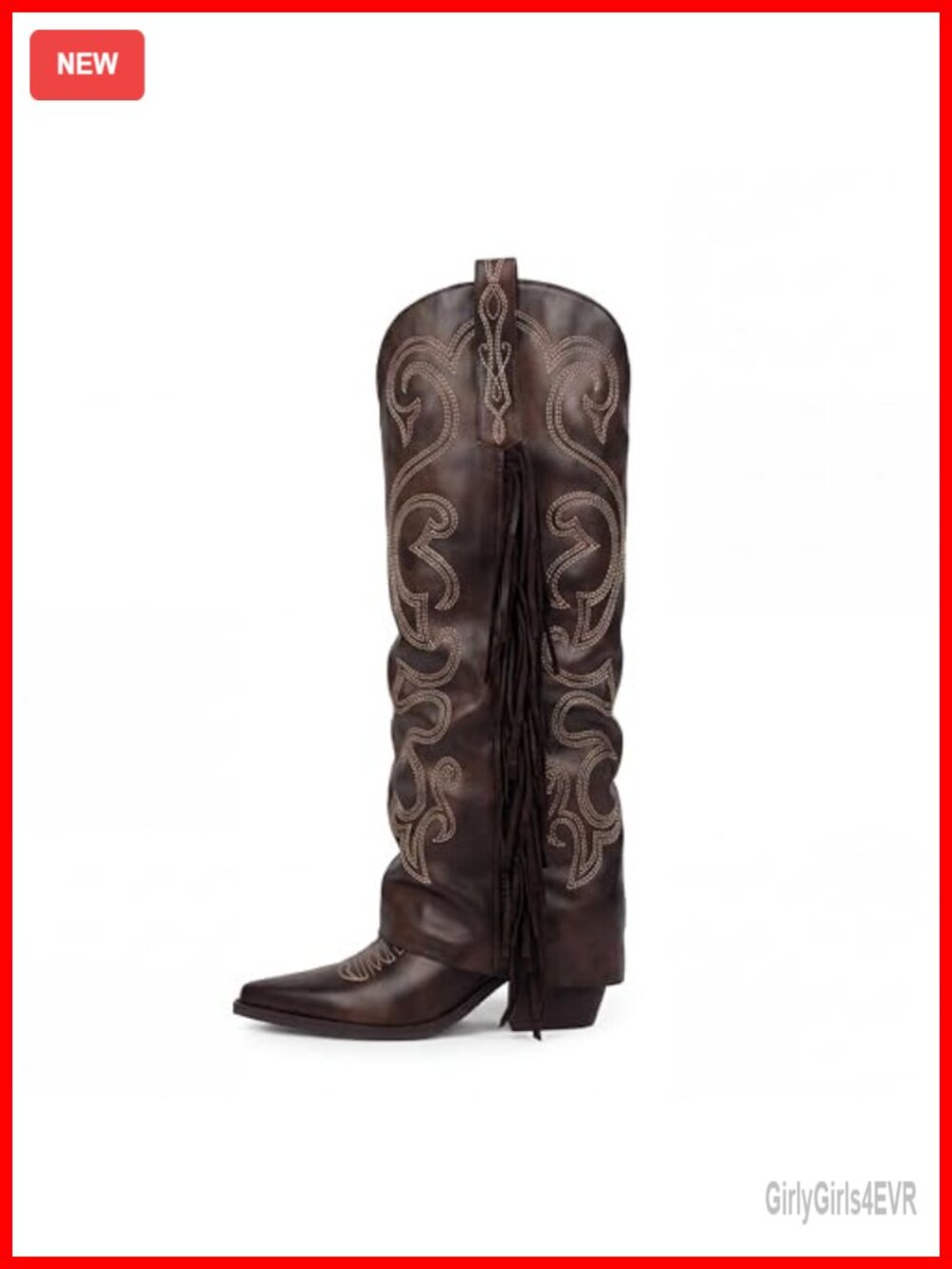 Fold Over Fringe Embroidered Western Cowboy Knee High Boots Pointed Toe